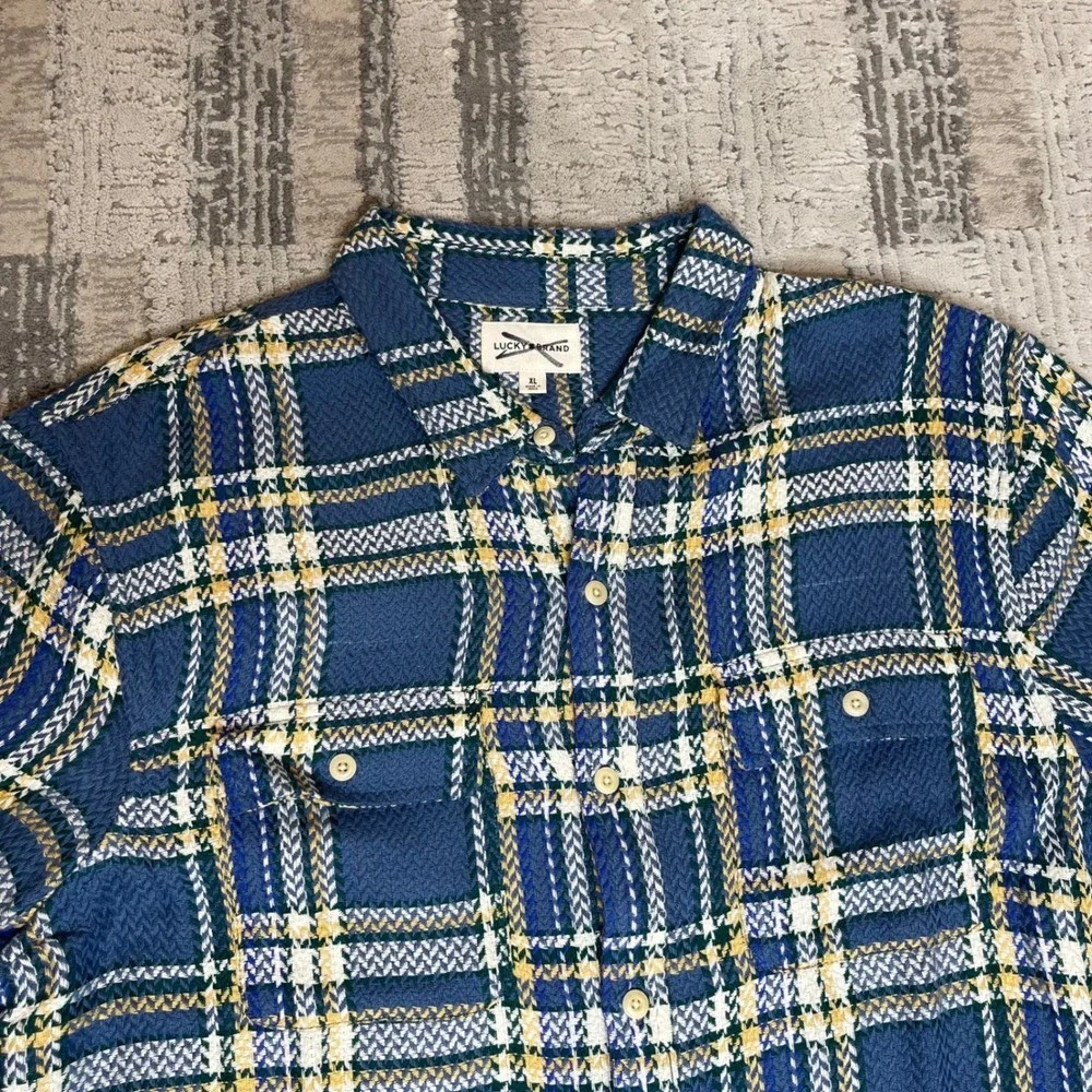 NEW Lucky Brand Mens XL Blue Herringbone Flannel Humboldt Utility Shirt Long Sle